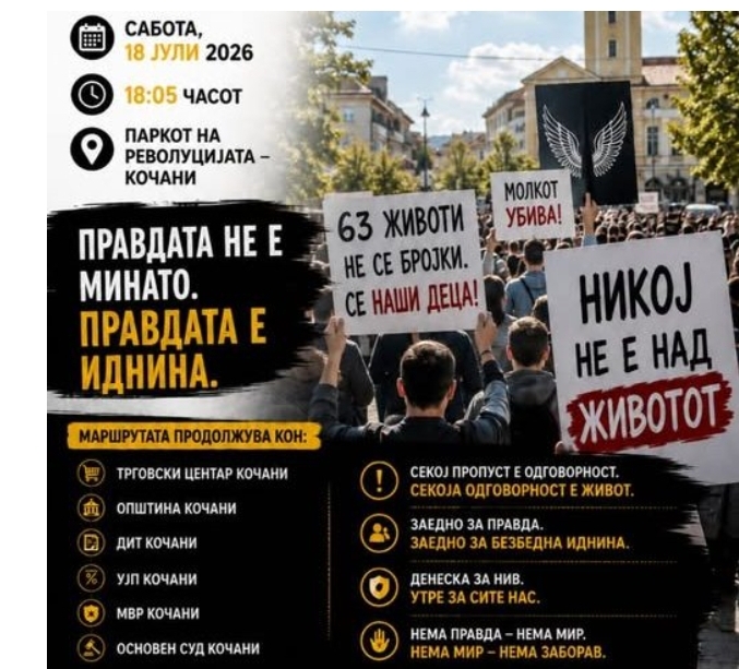 ВО САБОТА 47. МАРШ ЗА АНГЕЛИТЕ ВО КОЧАНИ Барањето останува – вистинска правда ВО САБОТА 47. МАРШ ЗА АНГЕЛИТЕ ВО КОЧАНИ Барањето останува – вистинска правда